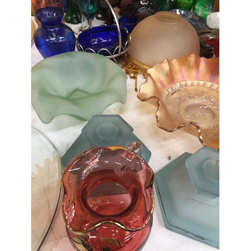 803 - A QUANTITY OF VINTAGE COLOURED GLASS TO INCLUDE VASES, BOWLS, JUGS, GLASSES, CANDLESTICKS, ETC