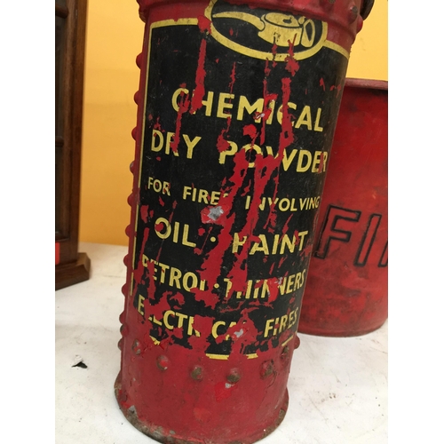 808 - A VINTAGE RE CAST FIRE EXTINGUISHER PLUS A RED PLASTIC FIRE BUCKET