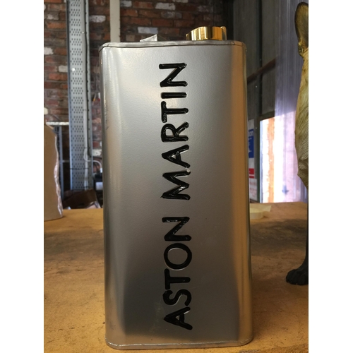 813 - A SILVER COLOURED METAL ASTON MARTIN PETROL CAN WITH BRASS TOP