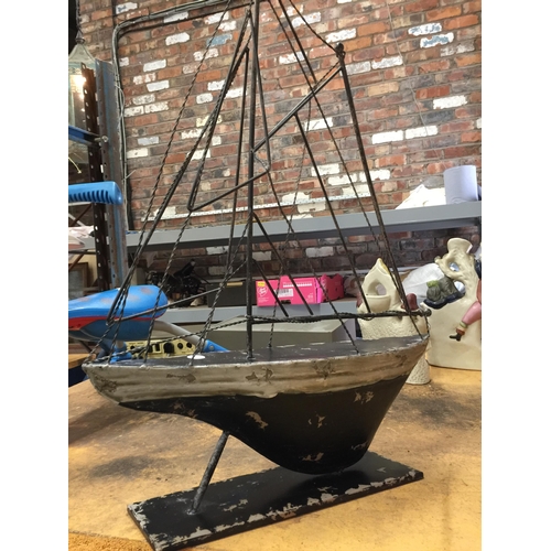 816 - A VINTAGE STYLE METAL MODEL OF A YACHT WIDTH 46CM, HEIGHT 63CM