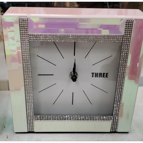 276 - A SMALL SET OF PINK MIRRORED GLITZY DRAWERS WITH MATCHING CLOCK, SCENTED CANDLES, MIRRORED COASTERS ... 