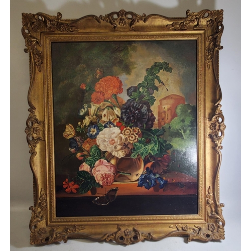 329 - A 20TH CENTURY OIL ON CANVAS DEPICTING A VASE OF FLOWERS IN A CASTLE LANDSCAPE, 60X49CM, IN SWEPT GI... 