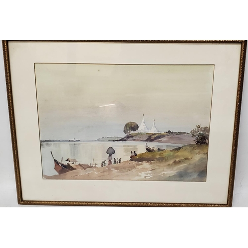 390 - PAIR OF LATE 19TH/EARLY 20TH CENTURY WATERCOLOURS OF TEMPLES BY A LAKE, 27CM X 38CM, FRAMED AND GLAZ... 