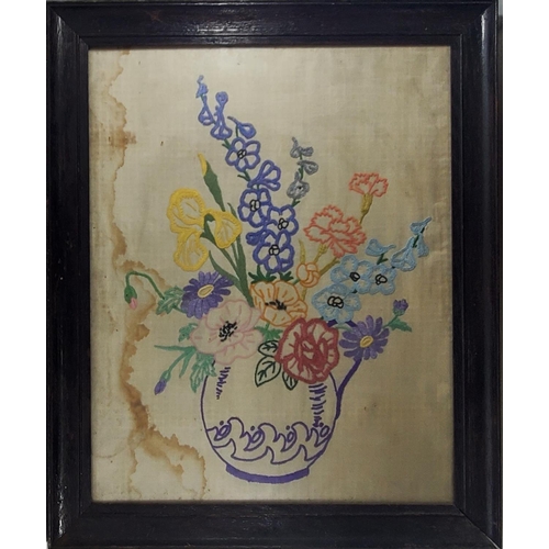 402 - A VINTAGE NEEDLEWORK EMBROIDERY OF A VASE OF FLOWERS, FRAMED, 48CM X 59CM