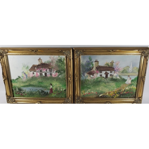 403 - TWO PAT LANGTON SIGNED OILS ON BOARD OF COTTAGE SCENES, ONE WITH A BRIDE AND BRIDESMAID, THE OTHER A... 