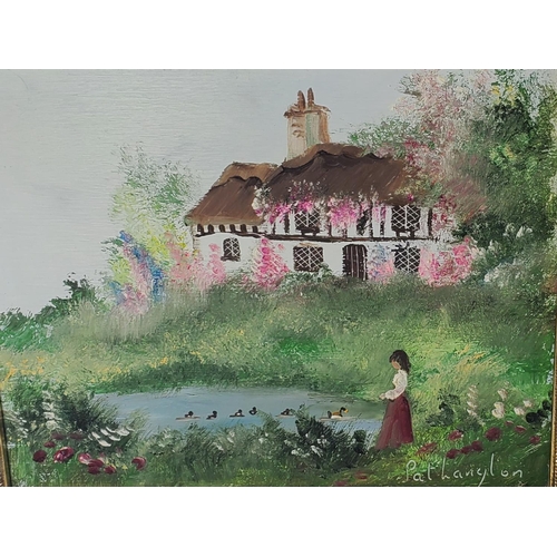 403 - TWO PAT LANGTON SIGNED OILS ON BOARD OF COTTAGE SCENES, ONE WITH A BRIDE AND BRIDESMAID, THE OTHER A... 