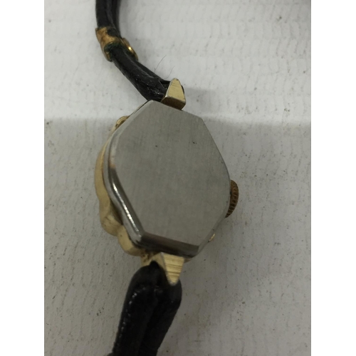 690 - A VINTAGE INGERSOL 15 JEWEL WATCH WITH SQUARE FACE AND LEATHER STRAP