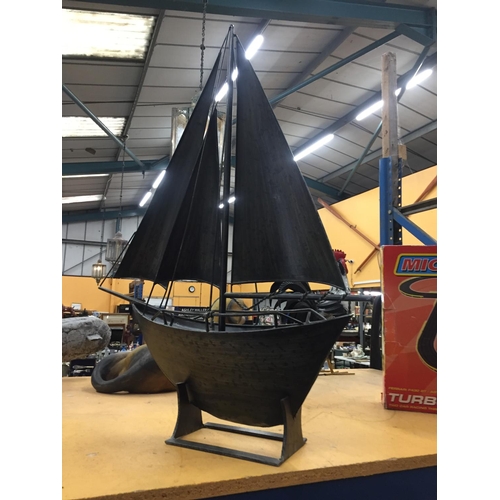 859 - A LARGE METAL MODEL OF A SAILING BOAT, HEIGHT APPROX 78CM, WIDTH 58CM