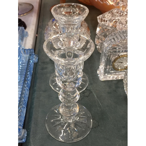 867 - THREE WATERFORD CRYSTAL MINIATURE CLOCKS, WATERFORD PAIR OF CANDLESTICKS AND CARNIVAL GLASS DISHES