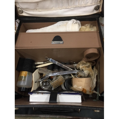 869 - A MID CENTURY CASED CHIROPODISTS CASE- SCHOLL INSTRUMENTS ENCLOSED, TIN CONTAINING HABERDASHERY ETC