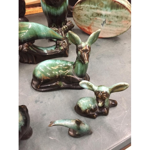 870 - A LARGE COLLECTION OF BLUE MOUNTAIN GREEN AND BLACK SLIPWARE, ANIMAL FIGURES TO INCLUDE CARP VASE, D... 