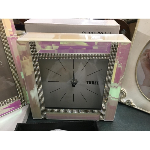 885 - A PINK MIRRORED CLOCK WITH MATCHING PHOTO FRAME, FOUR AS NEW BELTS IN BOXES, MIRRORED COASTERS, A TI... 