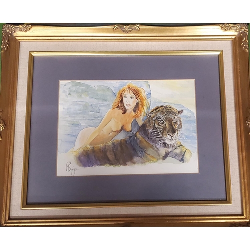 428 - A WATERCOLOUR OF A LADY WITH A TIGER BY P BURGOIN