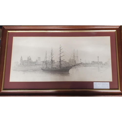 433 - A LIMITED EDITION PRINT 28/600 OF ALBERT DOCK LIVERPOOL SHOWING THE 3 GRACES BACKGROUND SIGNED BY WI... 