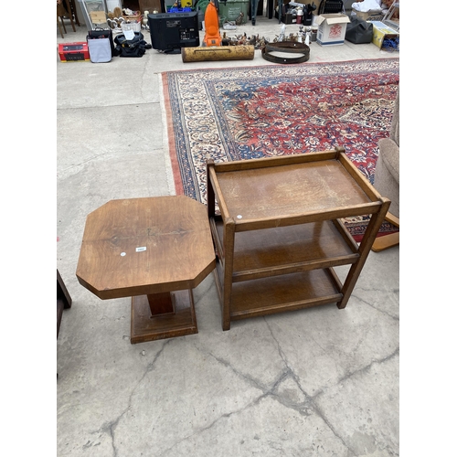 2902 - A WALNUT ART DECO OCTAGONAL LOW TABLE AND OAK TWO TIER TROLLEY