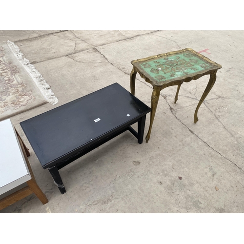 2913 - A BLACK COFFEE TABLE AND GREEN/GILT OCTAGONAL TABLE