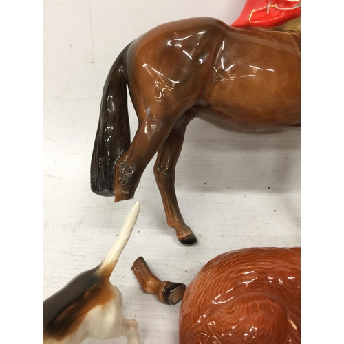 760 - A BESWICK HORSE AND RIDER A/F, FOUR HOUNDS AND A FOX