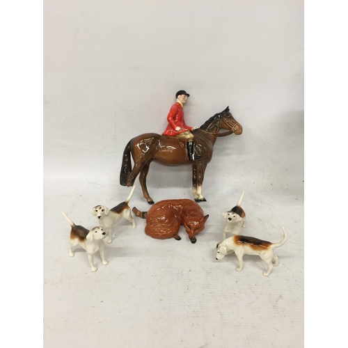 760 - A BESWICK HORSE AND RIDER A/F, FOUR HOUNDS AND A FOX