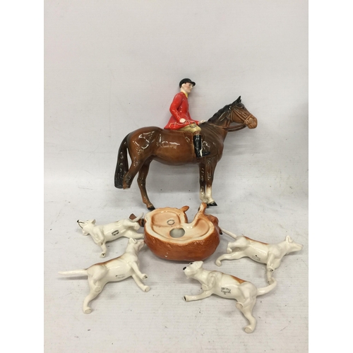 760 - A BESWICK HORSE AND RIDER A/F, FOUR HOUNDS AND A FOX