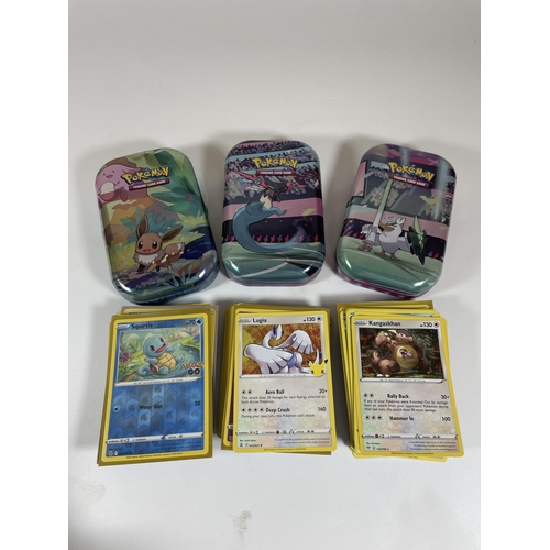 126 - THREE TINS OF ASSORTED POKEMON CARDS, HOLOS SQUIRTLE, MOLTRES ETC