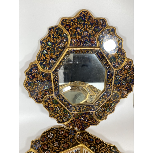 130 - TWO MIDDLE EASTERN STYLE DECORATIVE PANELLED MIRRORS, LARGEST 59 X 46CM