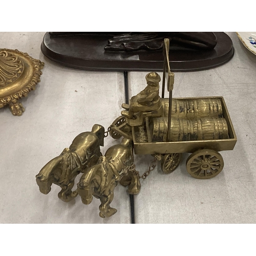 166 - A HEAVY BRASS MODEL OF SHIRE HORSES PULLING A DRAY