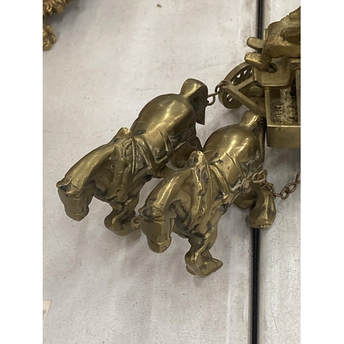 166 - A HEAVY BRASS MODEL OF SHIRE HORSES PULLING A DRAY