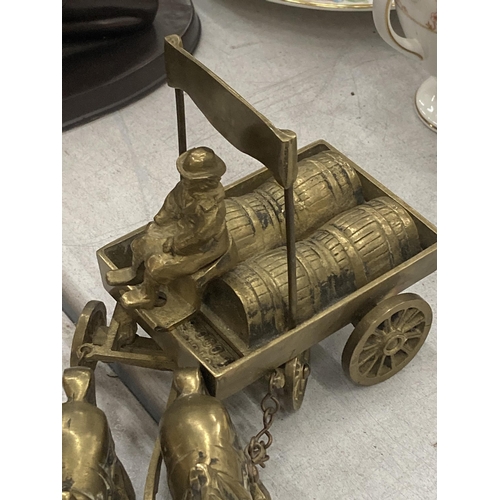 166 - A HEAVY BRASS MODEL OF SHIRE HORSES PULLING A DRAY