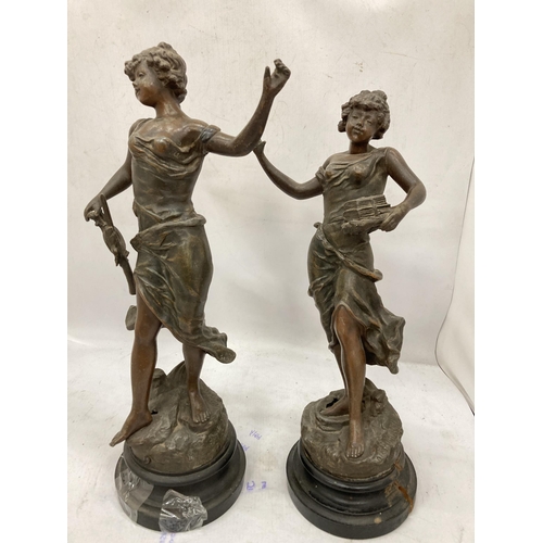 216 - A PAIR OF VINTAGE METAL FIGURES ON WOODEN BASES OF YOUNG LADIES, SIGNED TO THE BASE R RICHARD, HEIGH... 