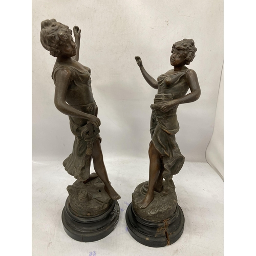 216 - A PAIR OF VINTAGE METAL FIGURES ON WOODEN BASES OF YOUNG LADIES, SIGNED TO THE BASE R RICHARD, HEIGH... 