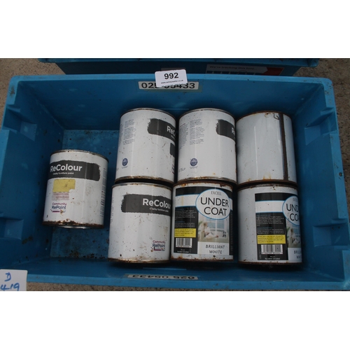 992 - 7 TINS OF MIXED COLOUR 750ML UNDERCOAT PAINT  NO VAT