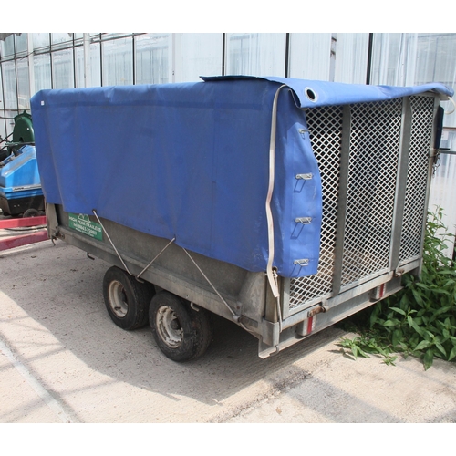 111 - TWIN AXLE  TRAILER WITH CAGE SIDES WITH A  BLUE SHEET  NO VAT