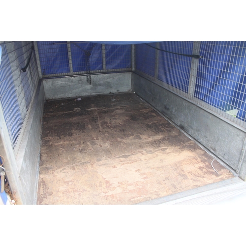 111 - TWIN AXLE  TRAILER WITH CAGE SIDES WITH A  BLUE SHEET  NO VAT