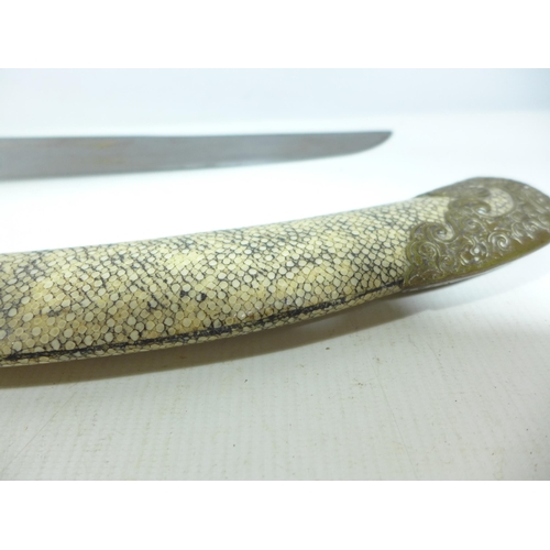 401 - A LATE 19TH CENTURY CHINESE DAO SWORD, AND SHAGREEN SCABBARD, 45CM BLADE, LENGTH 74CM