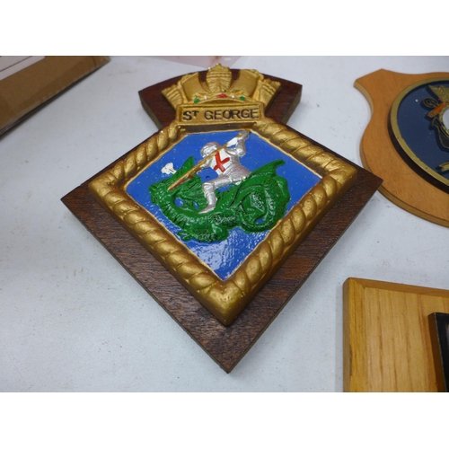 406 - SEVEN ROYAL NAVAL AND ROYAL MARINES WALL PLAQUES TO INCLUDE HMS EXCELLENT, HMS VICTORY AND TWO BOOKS