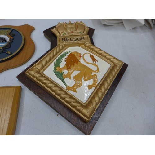 406 - SEVEN ROYAL NAVAL AND ROYAL MARINES WALL PLAQUES TO INCLUDE HMS EXCELLENT, HMS VICTORY AND TWO BOOKS