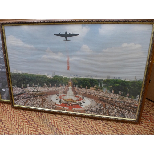 419 - TWO LARGE PHOTOGRAPHS OF RAF PLANES FLYING OVER BUCKINGHAM PALACE AND TOWER BRIDGE, 52X81CM, FRAMED ... 