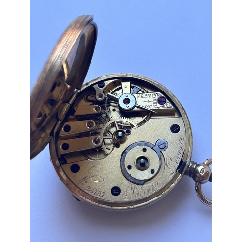 506 - A 14CT GOLD LADIES OPEN FACED POCKET WATCH WITH A SUB SECOND HAND, DIAMETER 38MM, GROSS WEIGHT 42 GR... 