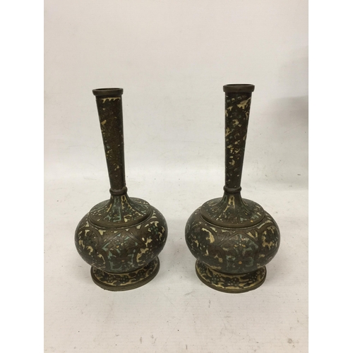 418 - A PAIR OF VINTAGE MIDDLE EASTERN METALWARE CLOISONNE TYPE BOTTLE VASES