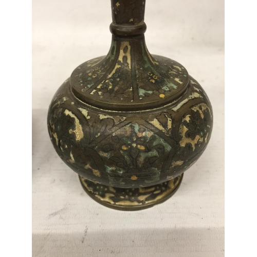 418 - A PAIR OF VINTAGE MIDDLE EASTERN METALWARE CLOISONNE TYPE BOTTLE VASES