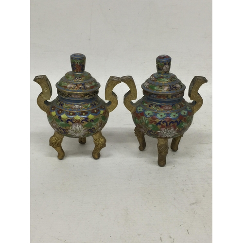 431 - A PAIR OF ORIENTAL CLOISONNE LIDDED SMALL CENSORS