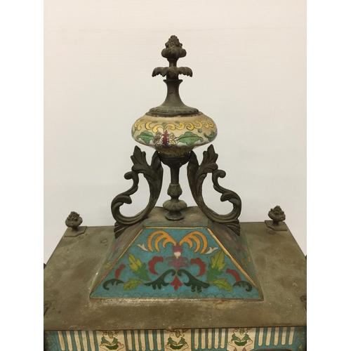 1 - AN ART NOUVEAU CLOISONNE AND BRASS CHIMING MANTLE CLOCK WITH RAM HEAD SIDE DESIGN