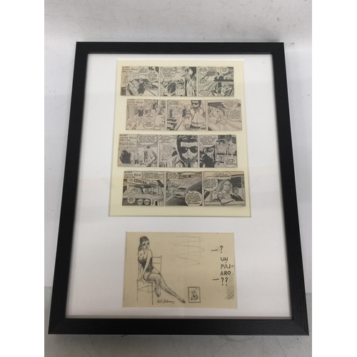 10 - A FRAMED JAMES BOND IAN FLEMING COMIC BOOK STRIP WITH LOWER PENCIL SIGNED DRAWING OF A LADY, SIGNED ... 
