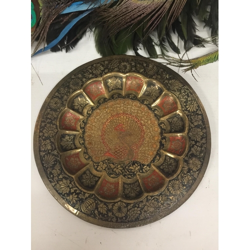 36 - A COLLECTION OF PEACOCK RELATED ITEMS, FEATHERS MIRROR ETC