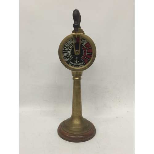 41 - A VINTAGE STYLE BRASS ENGINE ROOM TELEGRAPH ON WOODEN STAND