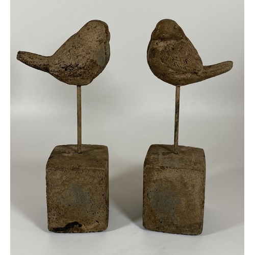 102 - A PAIR OF DECORATIVE STONE BIRD FIGURES ON PLINTH BASES, HEIGHT 24CM