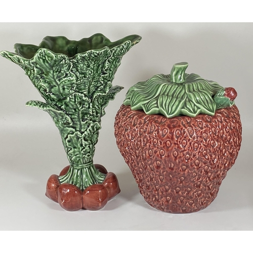 107 - TWO LARGE MAJOLICA STYLE ITEMS - VASE AND STRAWBERRY POT WITH LADLE