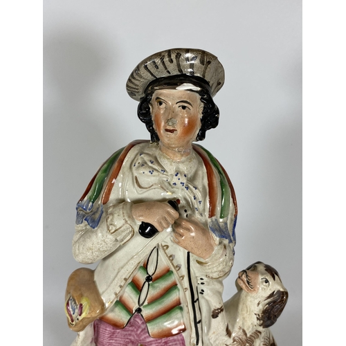 108 - AN ANTIQUE STAFFORDSHIRE FIGURE OF A GENTLEMAN WITH SPANIEL, HEIGHT 38CM