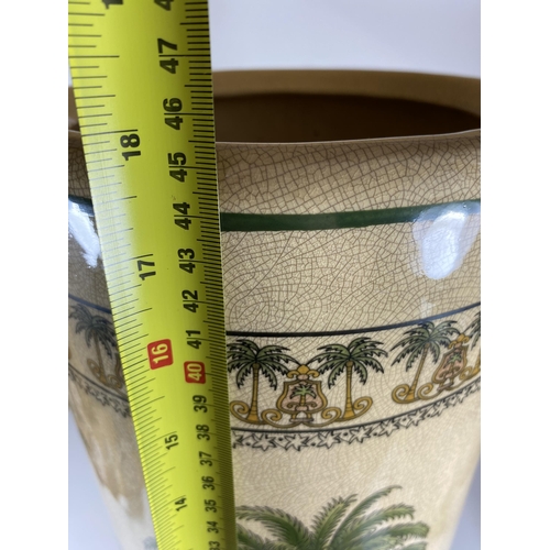 109 - A LARGE ORIENTAL STONEWARE STICK STAND WITH PALM TREE DESIGN, HEIGHT 45CM