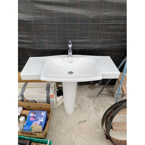 2065 - A WHITE CERAMIC SINK UNIT WITH CHROME TAP